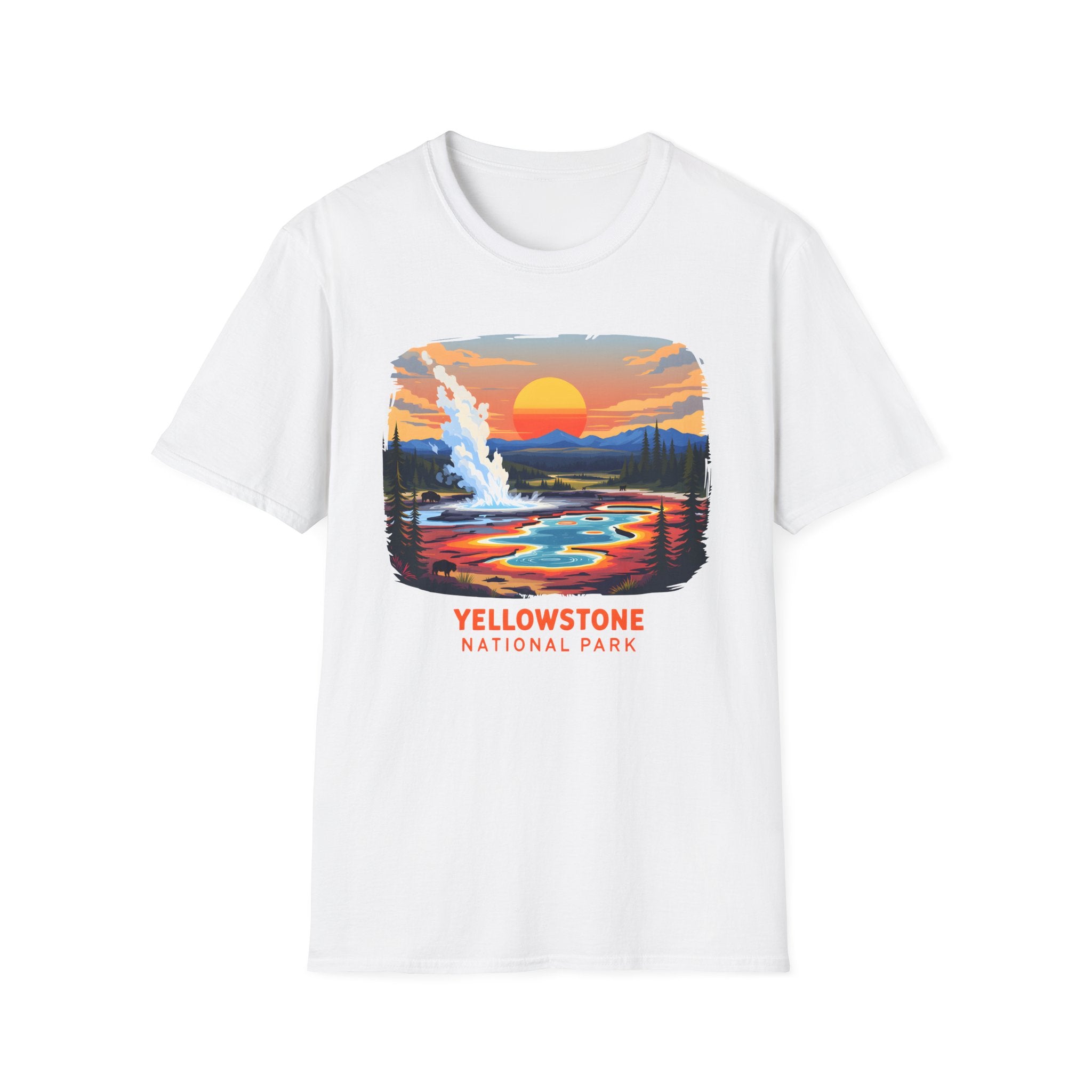 Yellowstone National Park Scenic T-Shirt — Geyser Sunset Graphic Tee