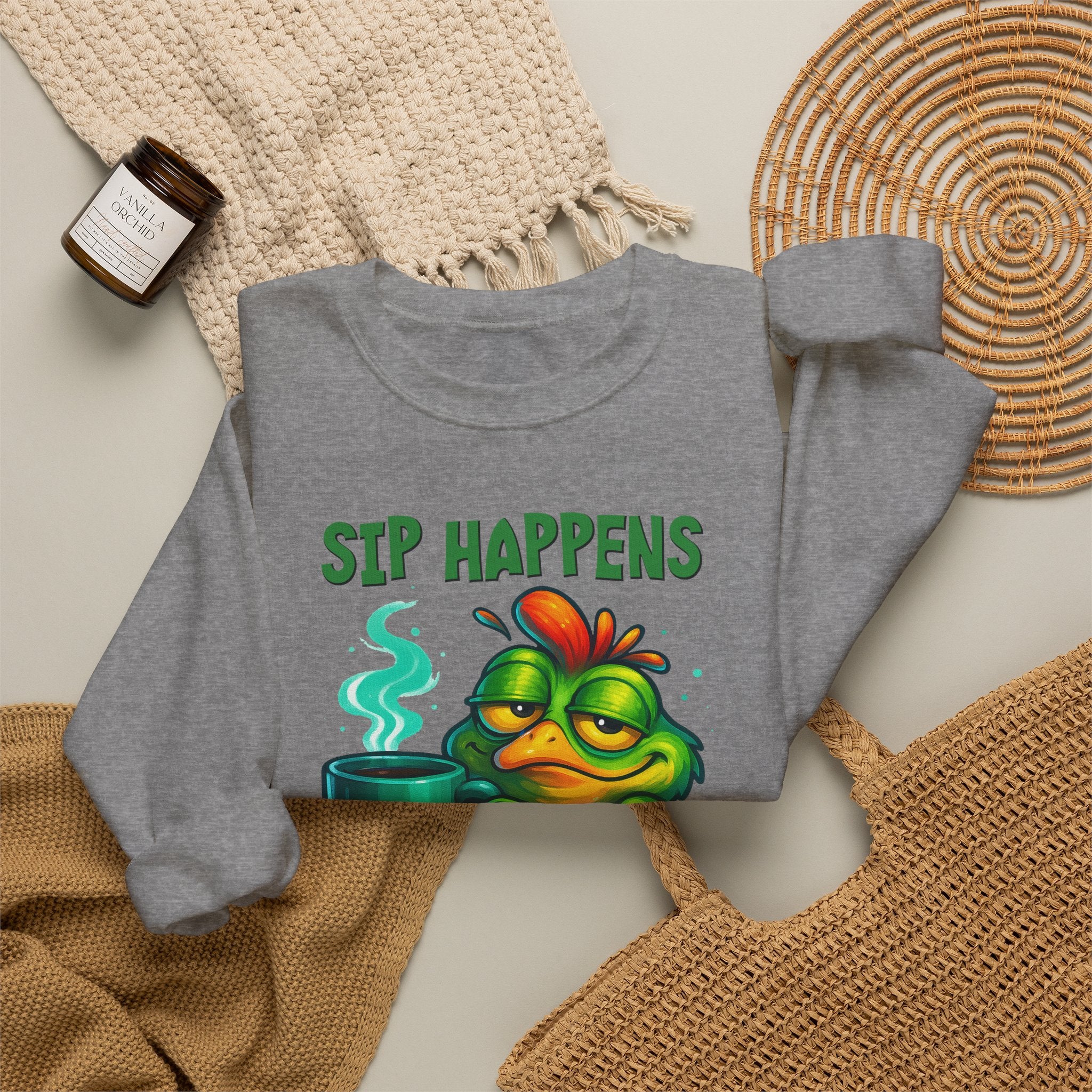Sip Happens Sweatshirt — Funny Frog Coffee Crewneck