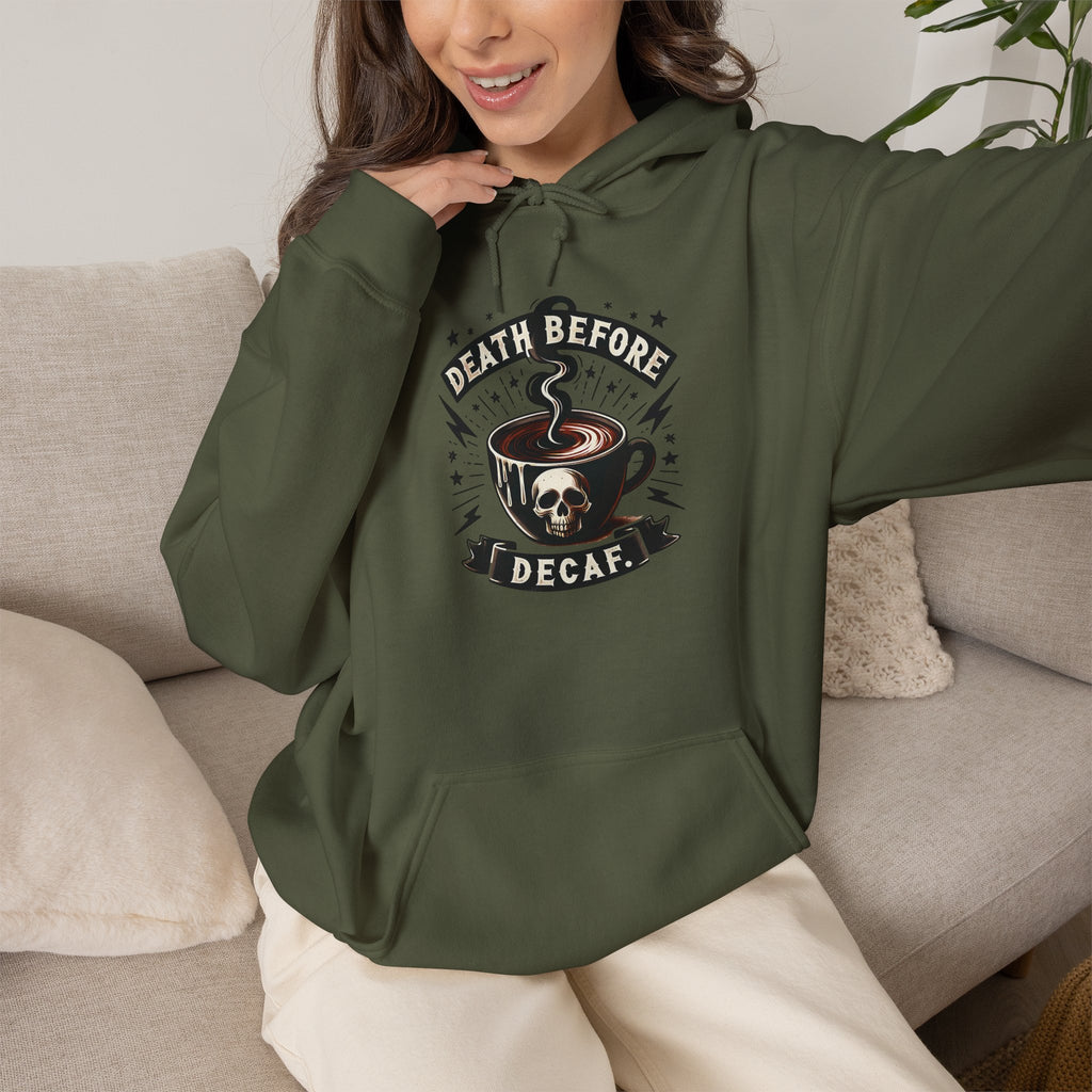"Death Before Decaf" Coffee Skull Graphic Hoodie