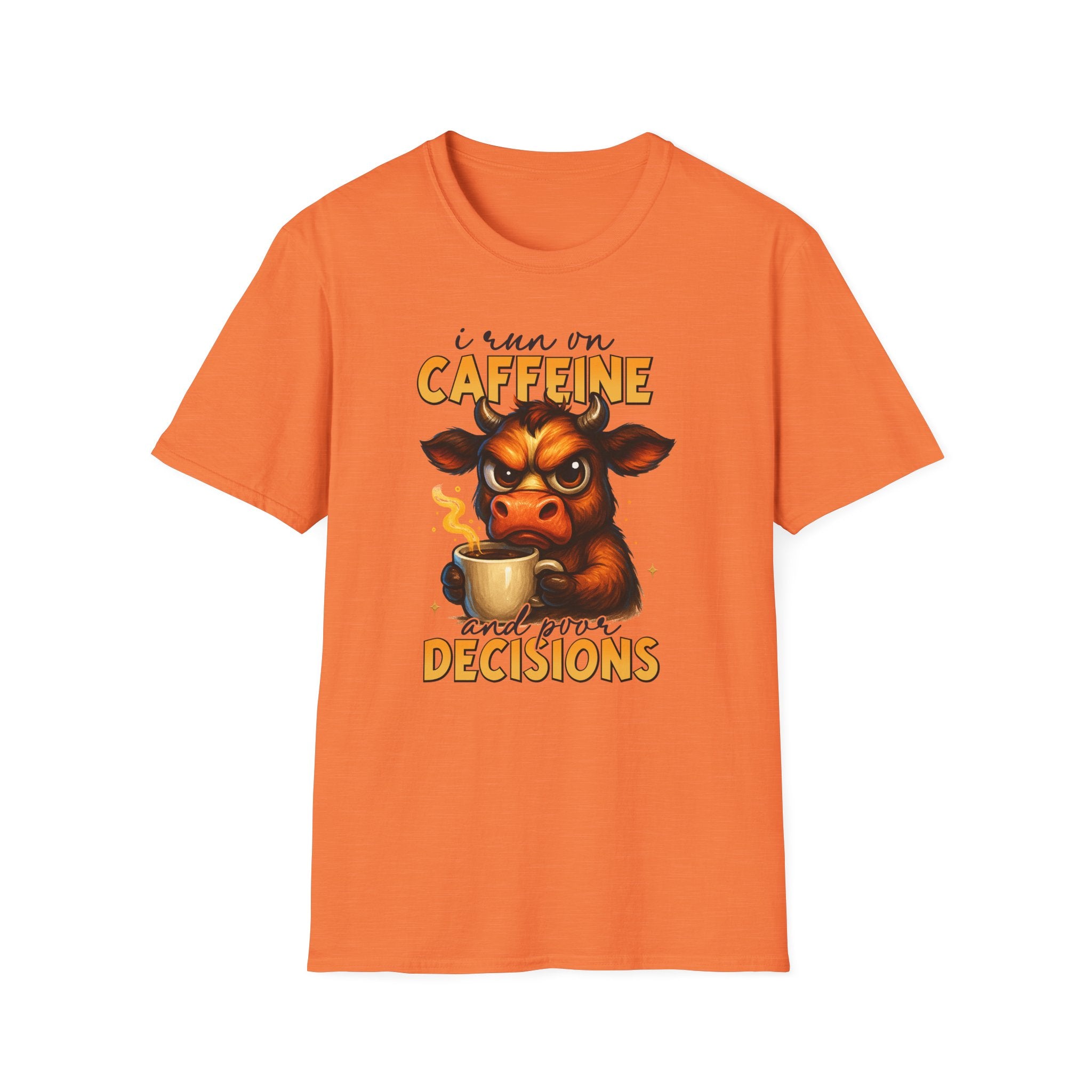 "I Run on Caffeine & Bad Decisions" Coffee Lover Tee — Caffeine Cow T-Shirt