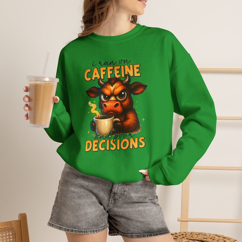 Caffeine-Fueled Cow Sweatshirt — "I Run on Caffeine and Questionable Decisions" Cozy Crewneck