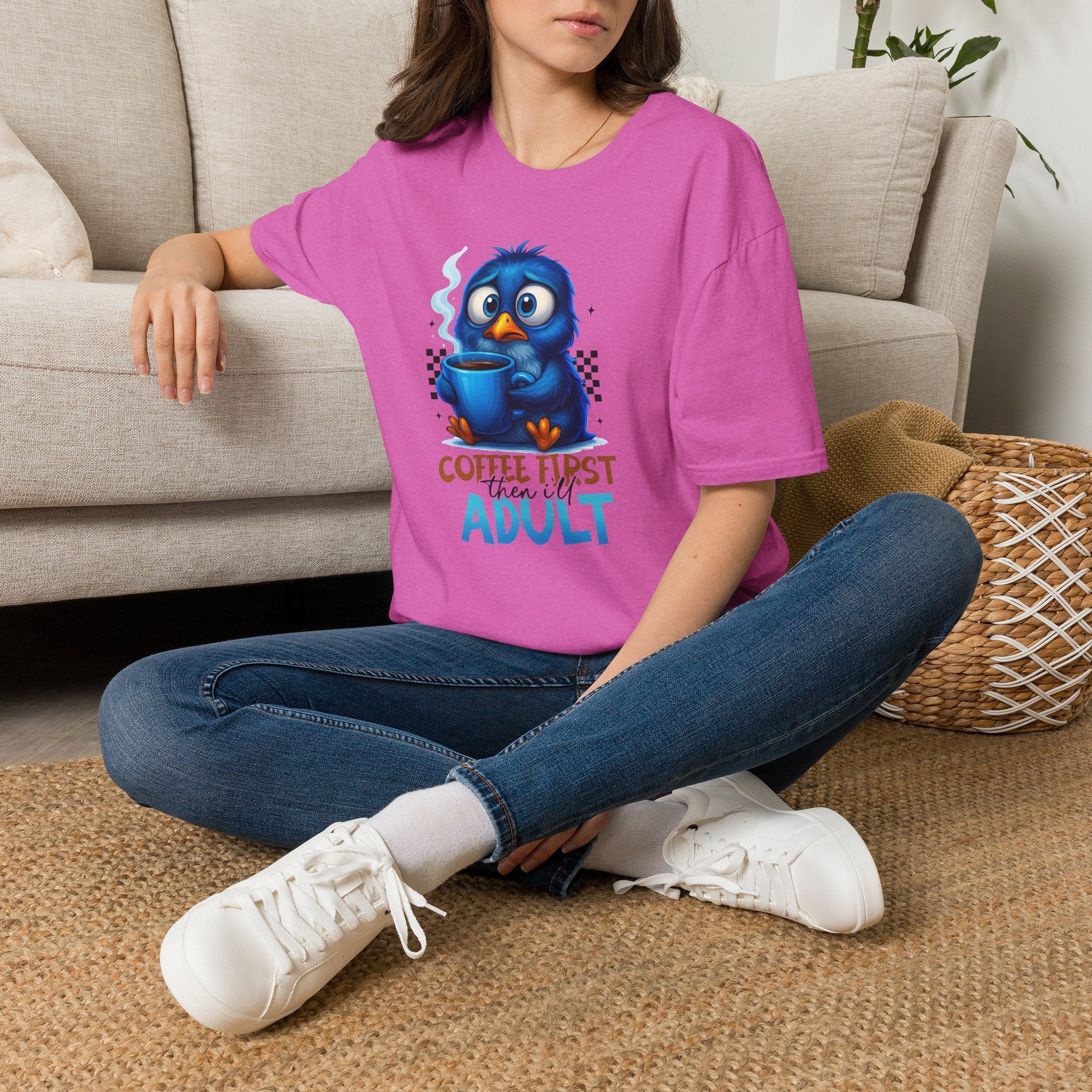Cute Blue Bird 'Coffee First Adult' Graphic Tee — T-Shirt