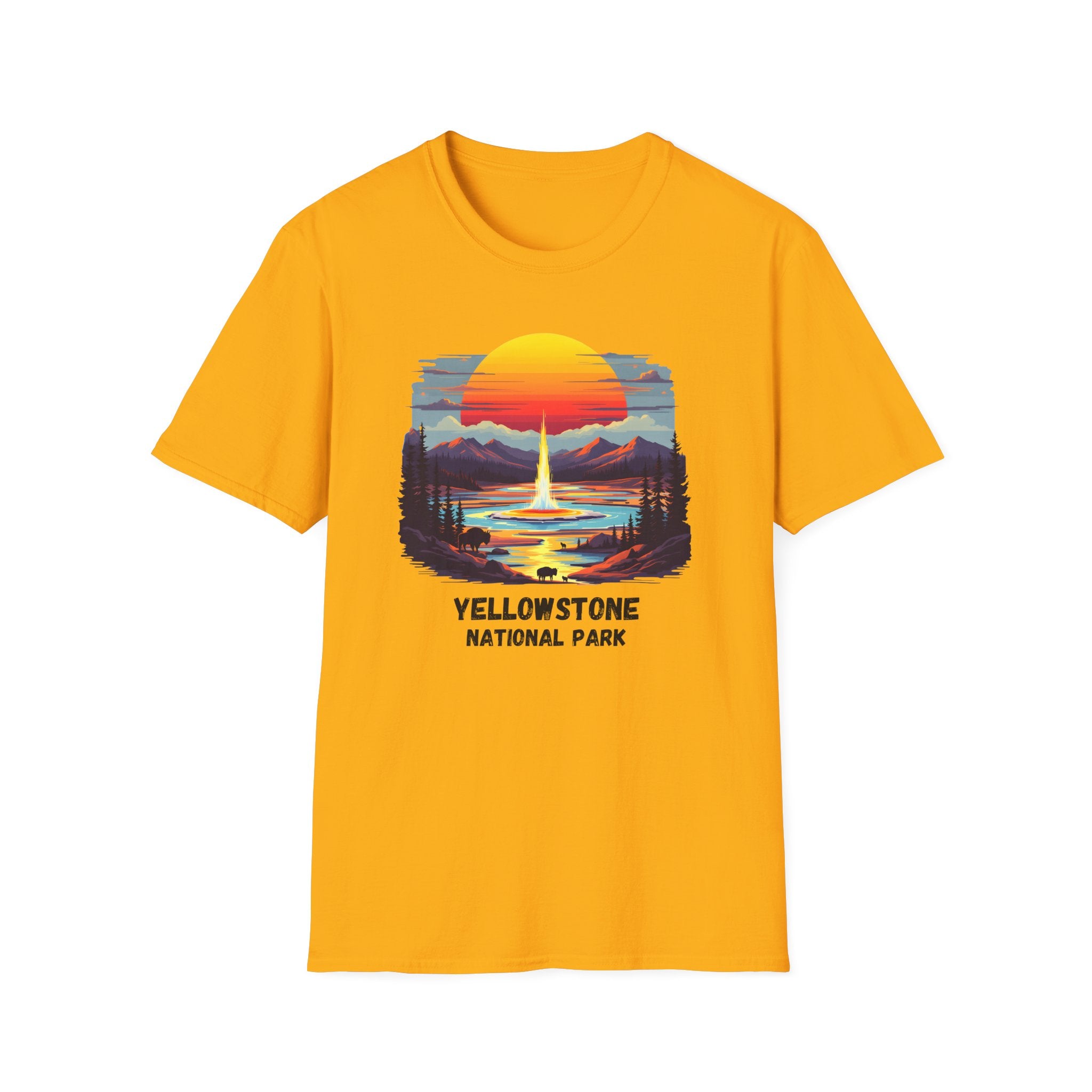Yellowstone National Park T-Shirt — Retro Geyser Sunset Outdoor Tee