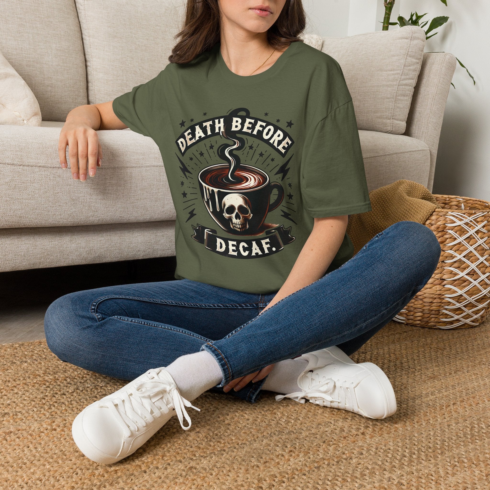 Death Before Decaf Coffee T-Shirt — Bold Skull Coffee Lover Tee