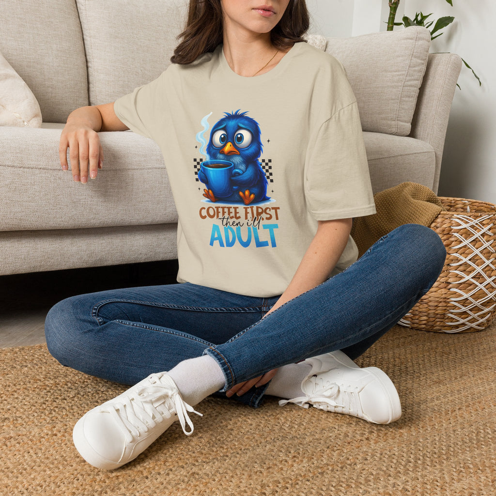 Cute Blue Bird 'Coffee First Adult' Graphic Tee — T-Shirt
