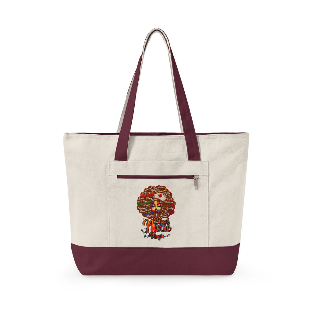 Black Nurse Magic w/Brown Afro Canvas Tote — Zippered Floral Calavera Bag