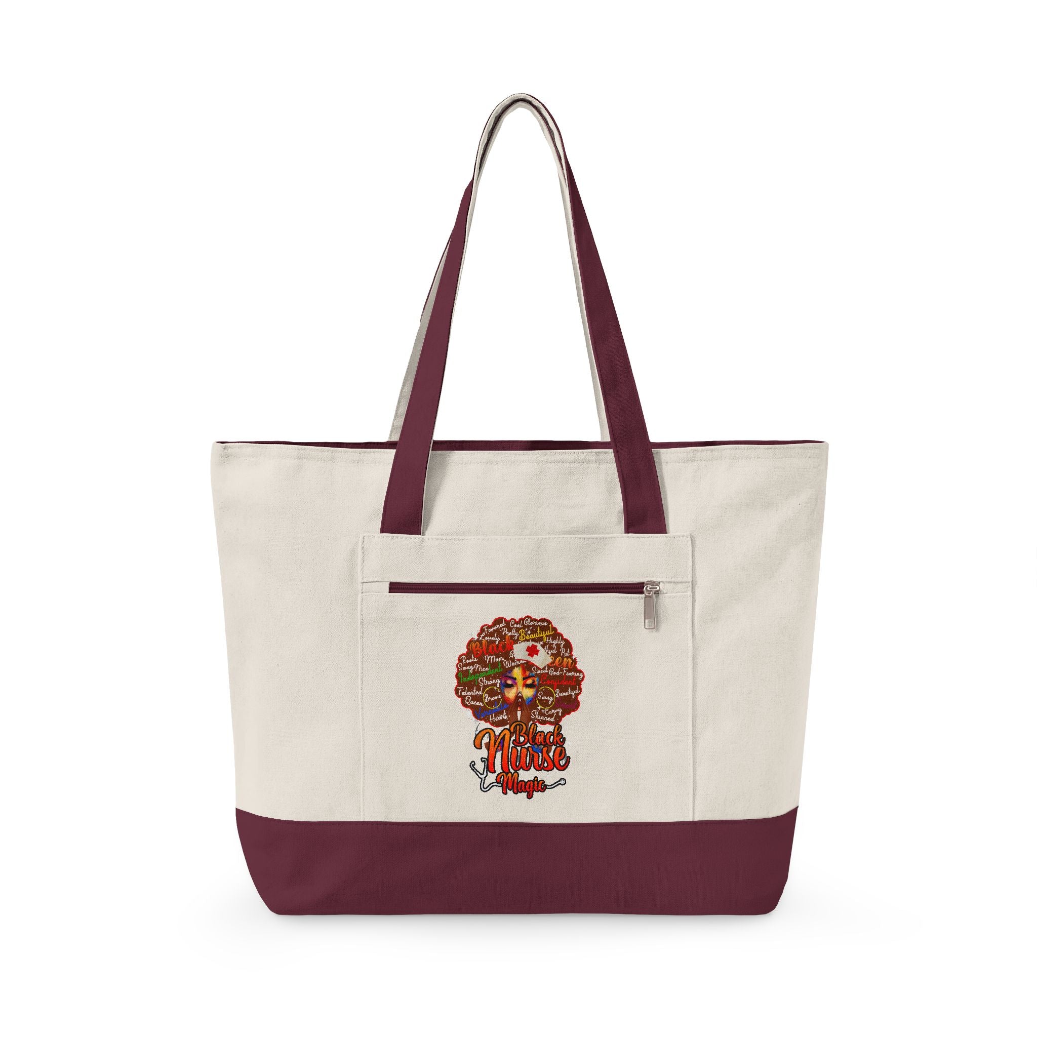 Black Nurse Magic w/Brown Afro Canvas Tote — Zippered Floral Calavera Bag