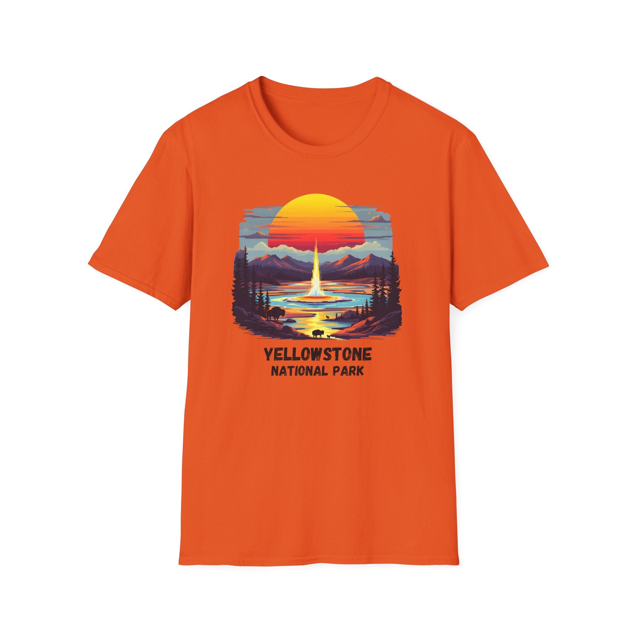 Yellowstone National Park T-Shirt — Retro Geyser Sunset Outdoor Tee