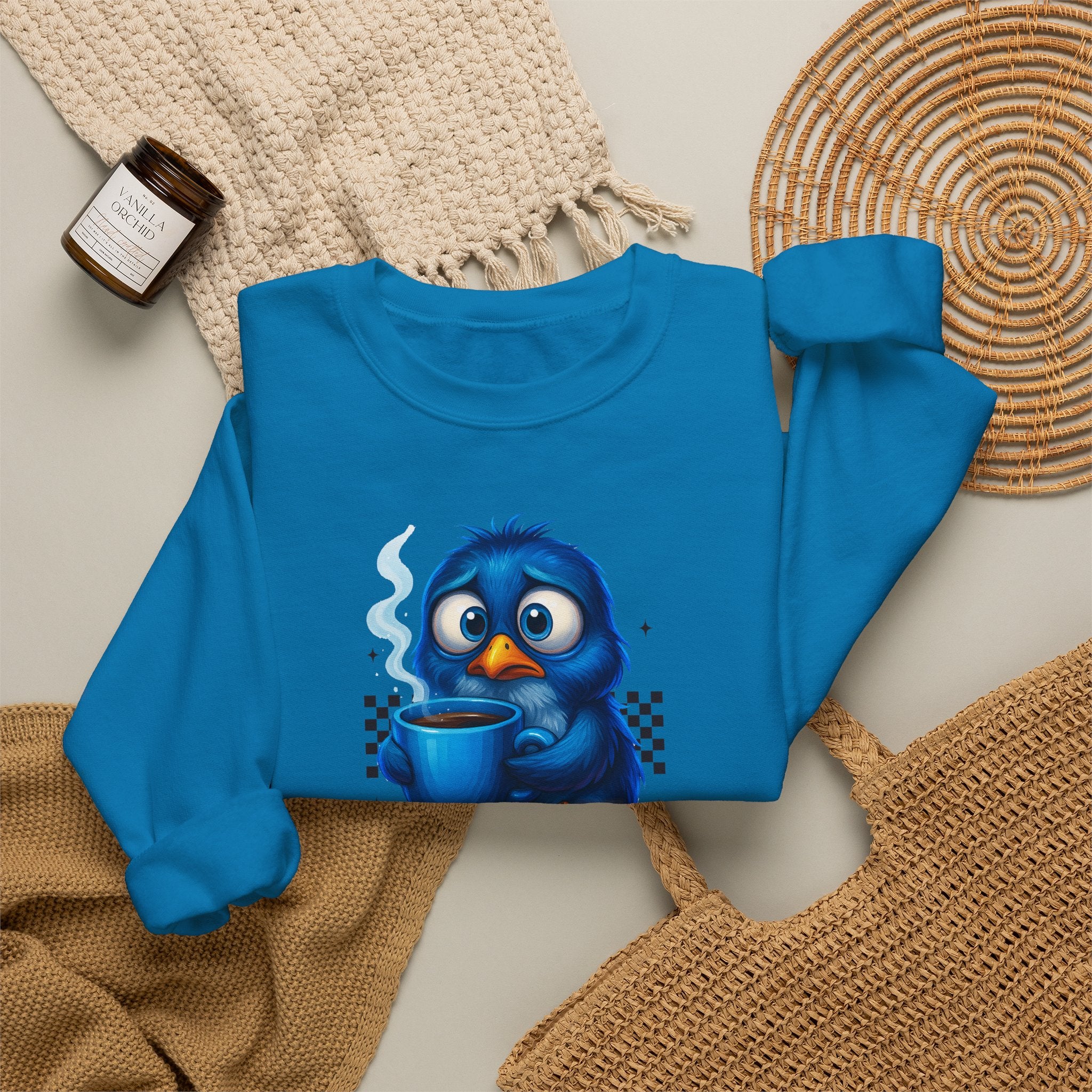 Coffee First Adult Sweatshirt — Cute Blue Bird Coffee Crewneck