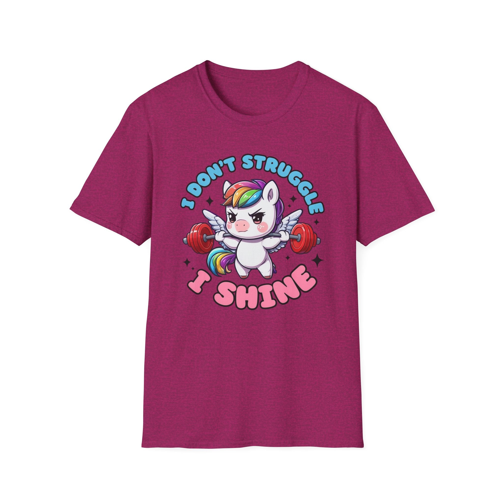 I Don’t Struggle I Shine Unicorn T-Shirt — Cute Rainbow Weightlifting Motivational Tee