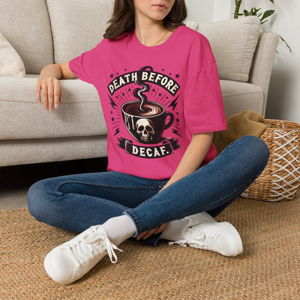 Death Before Decaf Coffee T-Shirt — Bold Skull Coffee Lover Tee