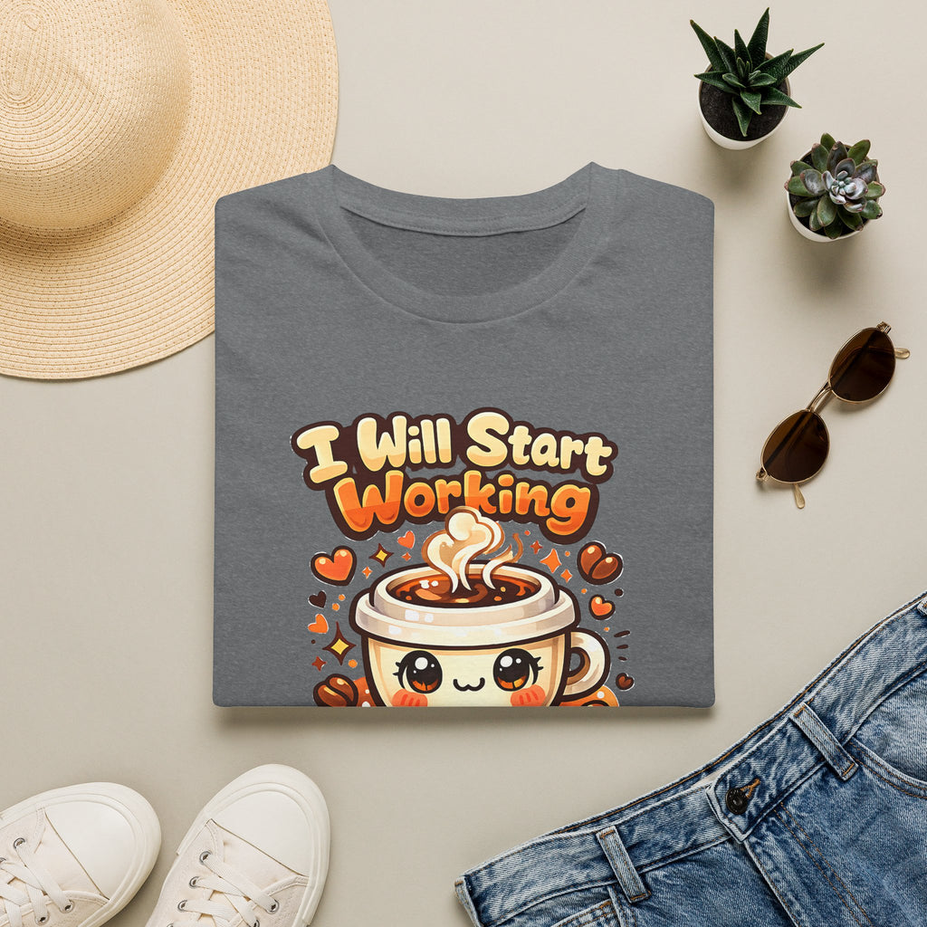“I Will Start Working When My Coffee Does” Cute Kawaii Coffee Shirt — Coffee T‑Shirt