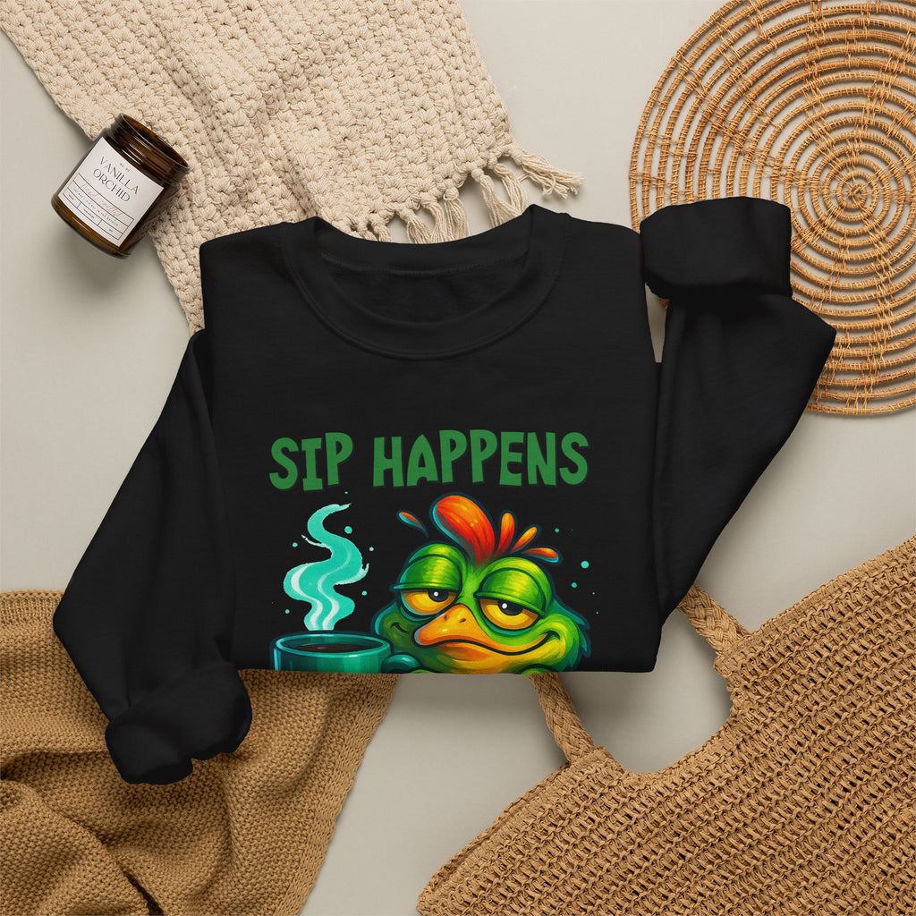 Sip Happens Sweatshirt — Funny Frog Coffee Crewneck