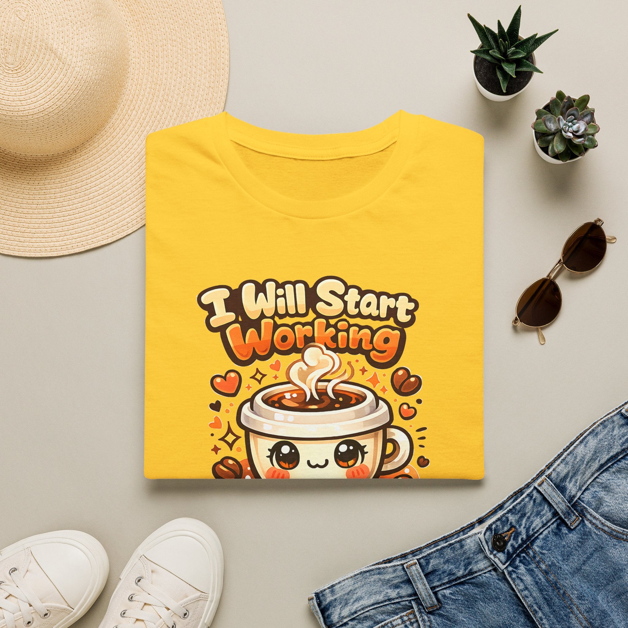 “I Will Start Working When My Coffee Does” Cute Kawaii Coffee Shirt — Coffee T‑Shirt