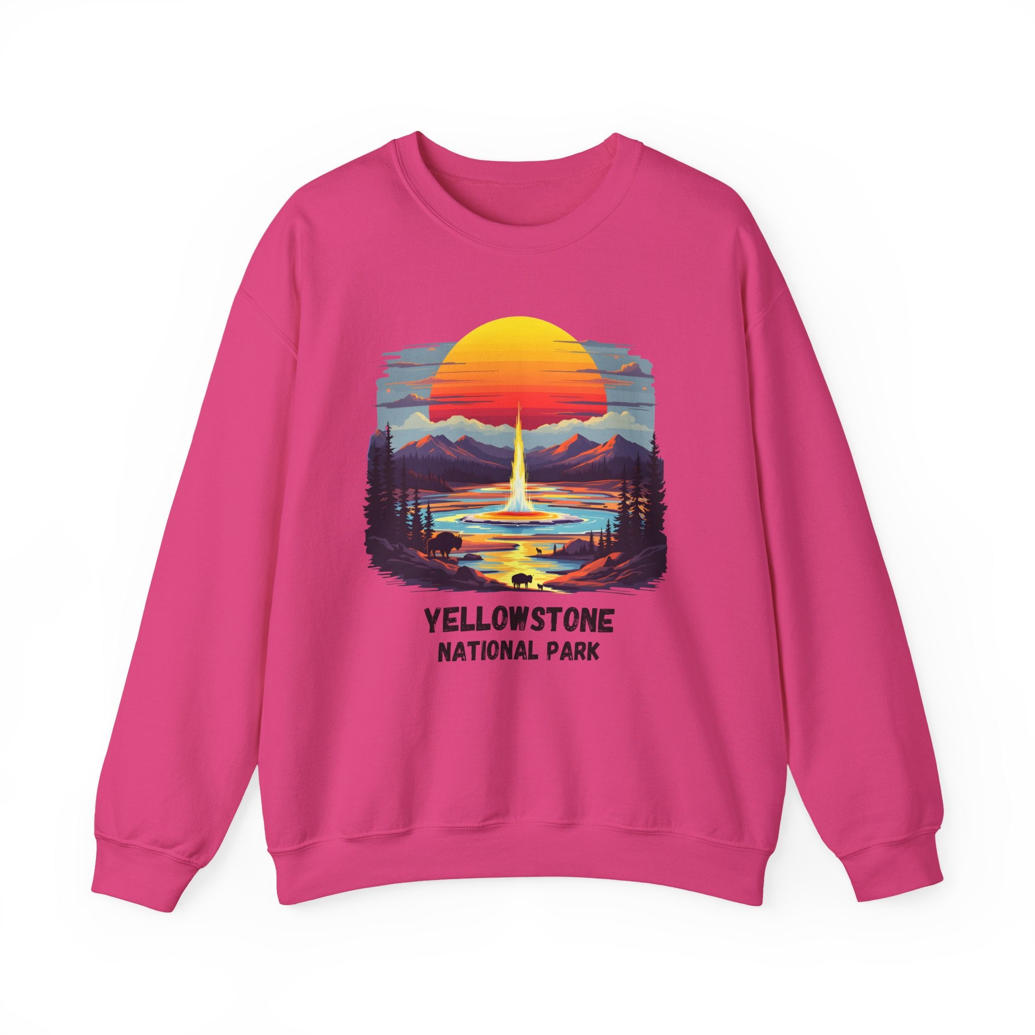 Yellowstone National Park Sweatshirt — Retro Sunset Geyser Crewneck
