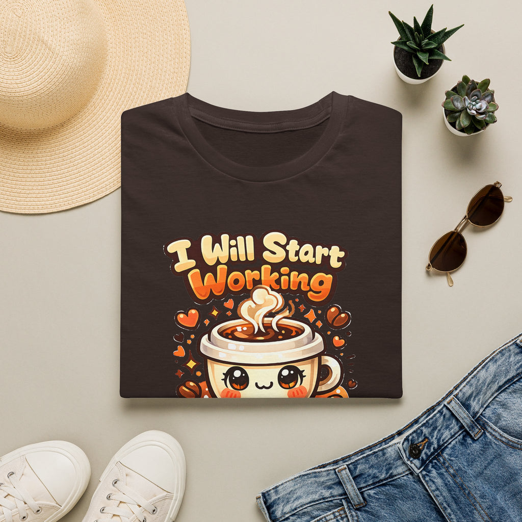 “I Will Start Working When My Coffee Does” Cute Kawaii Coffee Shirt — Coffee T‑Shirt
