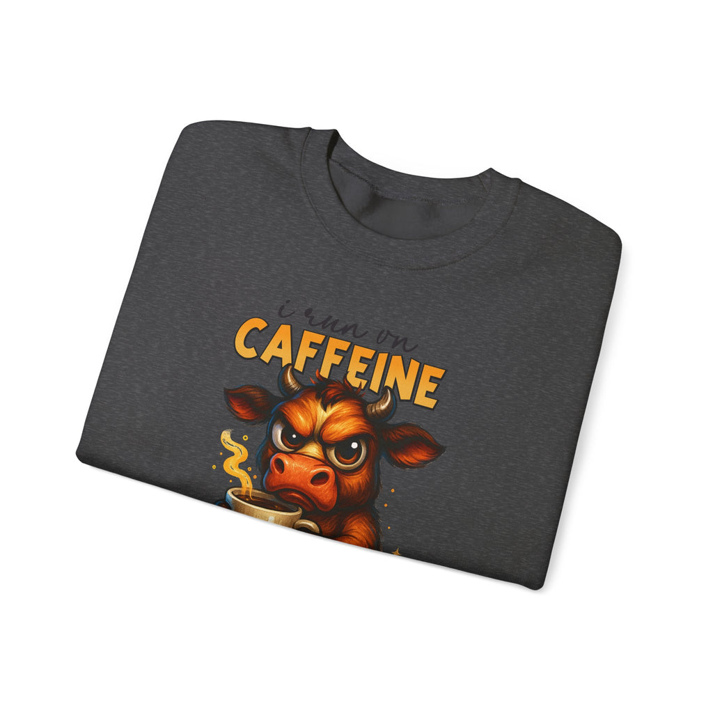 Caffeine-Fueled Cow Sweatshirt — "I Run on Caffeine and Questionable Decisions" Cozy Crewneck