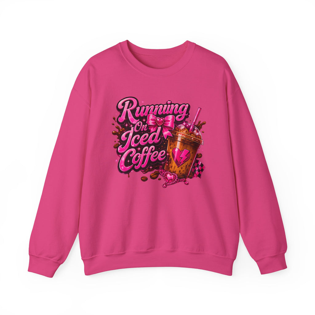 "Running On Iced Coffee" Graphic Cozy Coffee Lover — Pullover Crewneck Sweatshirt