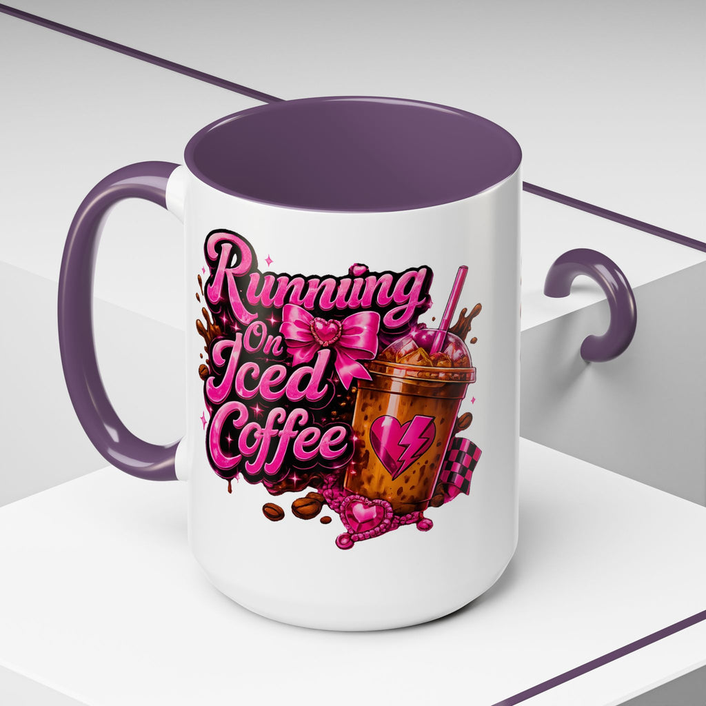 "Running on Iced Coffee" Pink Graphic Accent Mug (11/15oz) — Coffee Mug