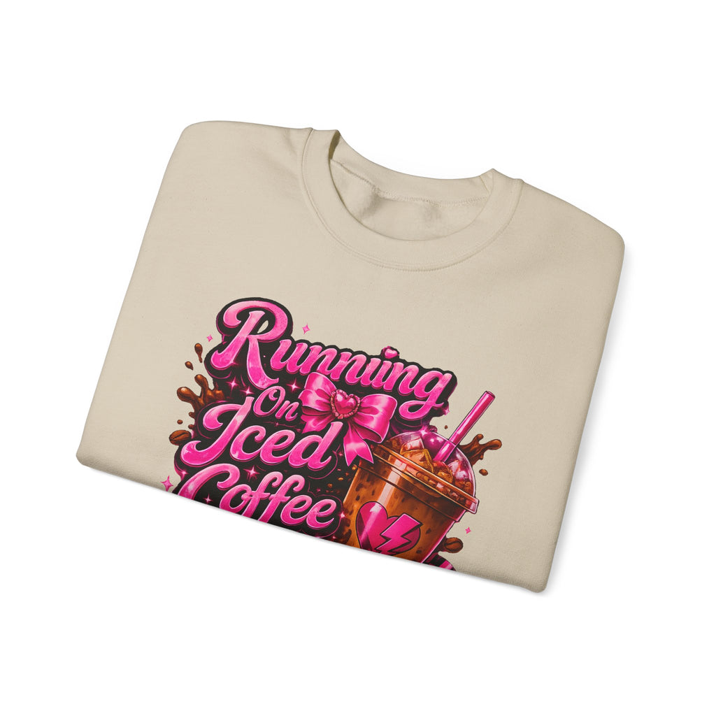 "Running On Iced Coffee" Graphic Cozy Coffee Lover — Pullover Crewneck Sweatshirt