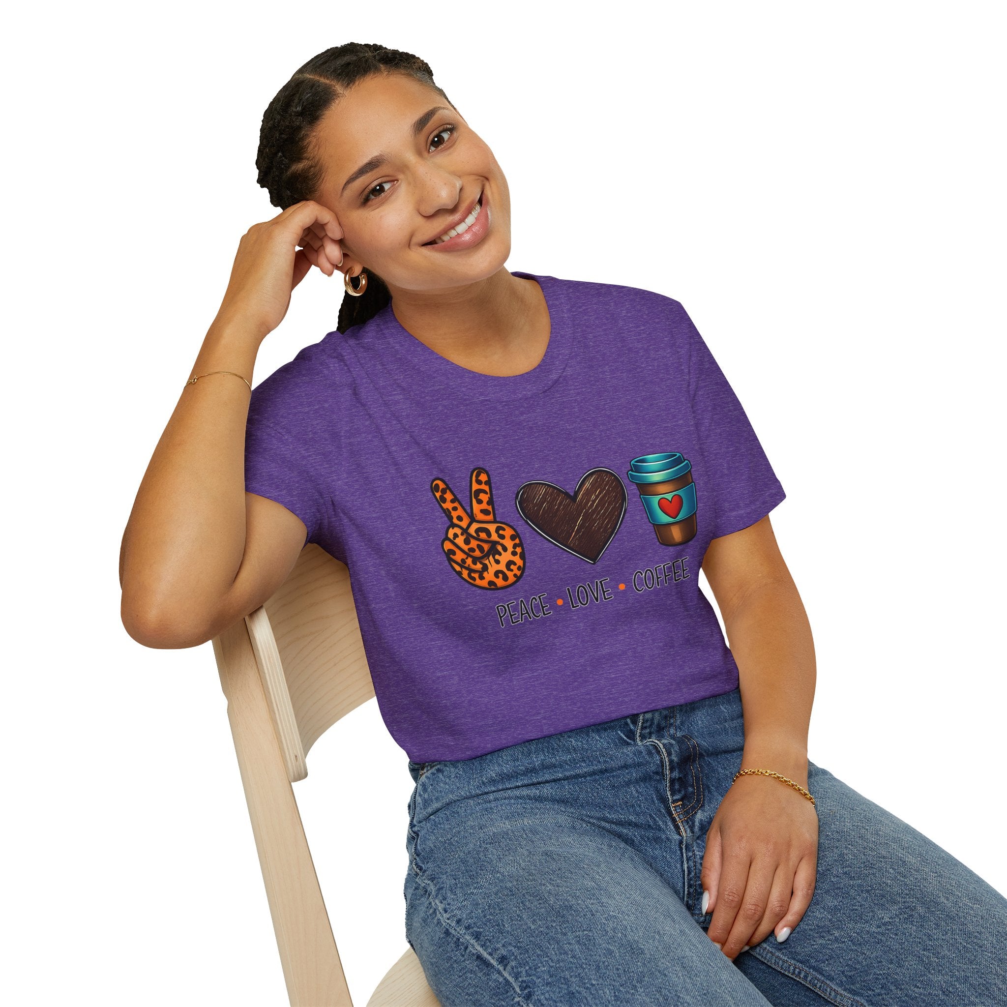 Peace Love Coffee T-Shirt — Retro Leopard Peace Sign & Heart Coffee Cup Tee
