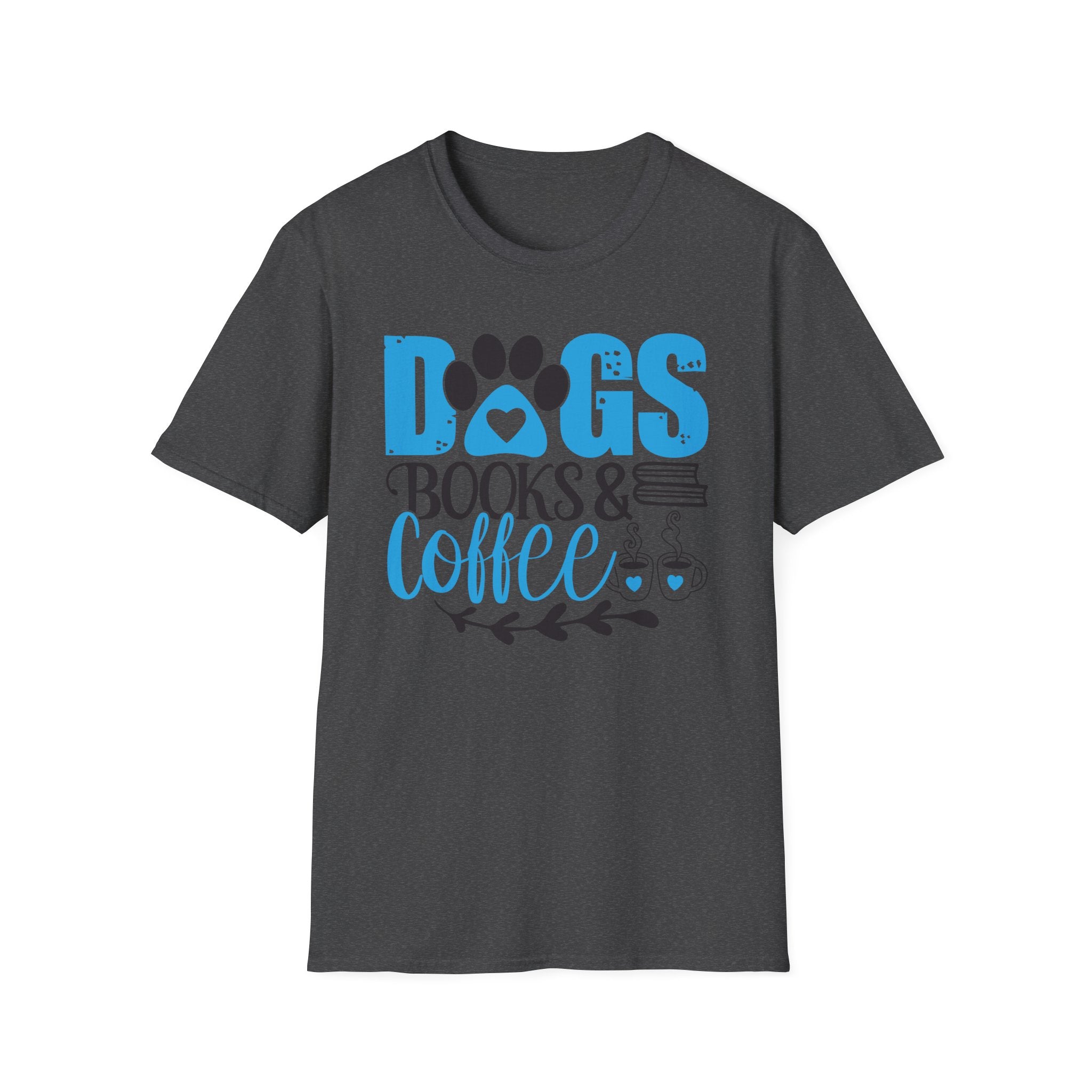 Dogs Books & Coffee T-Shirt (Blue) — Cute Paw, Book & Coffee Graphic Tee for Dog Lovers