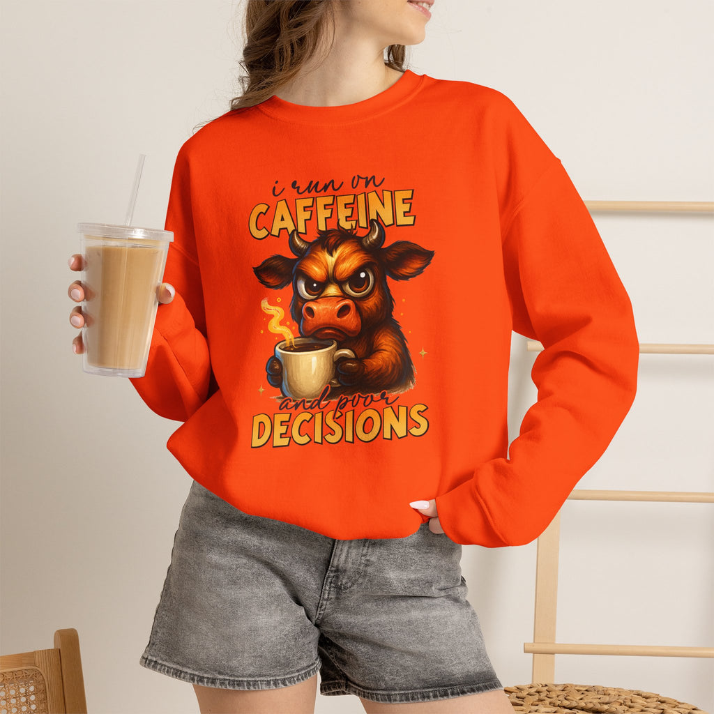 Caffeine-Fueled Cow Sweatshirt — "I Run on Caffeine and Questionable Decisions" Cozy Crewneck