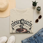 Death Before Decaf Coffee T-Shirt — Bold Skull Coffee Lover Tee