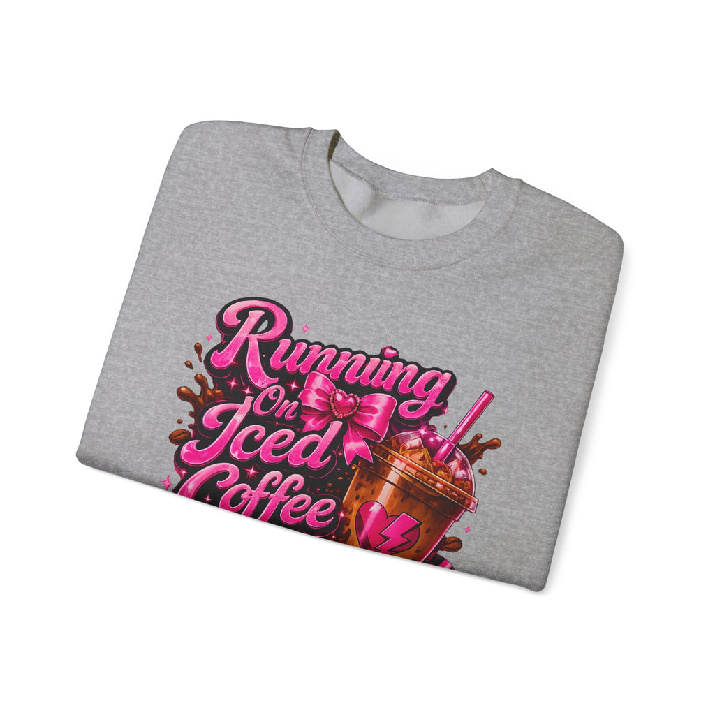 "Running On Iced Coffee" Graphic Cozy Coffee Lover — Pullover Crewneck Sweatshirt