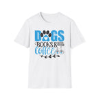 Dogs Books & Coffee T-Shirt (Blue) — Cute Paw, Book & Coffee Graphic Tee for Dog Lovers