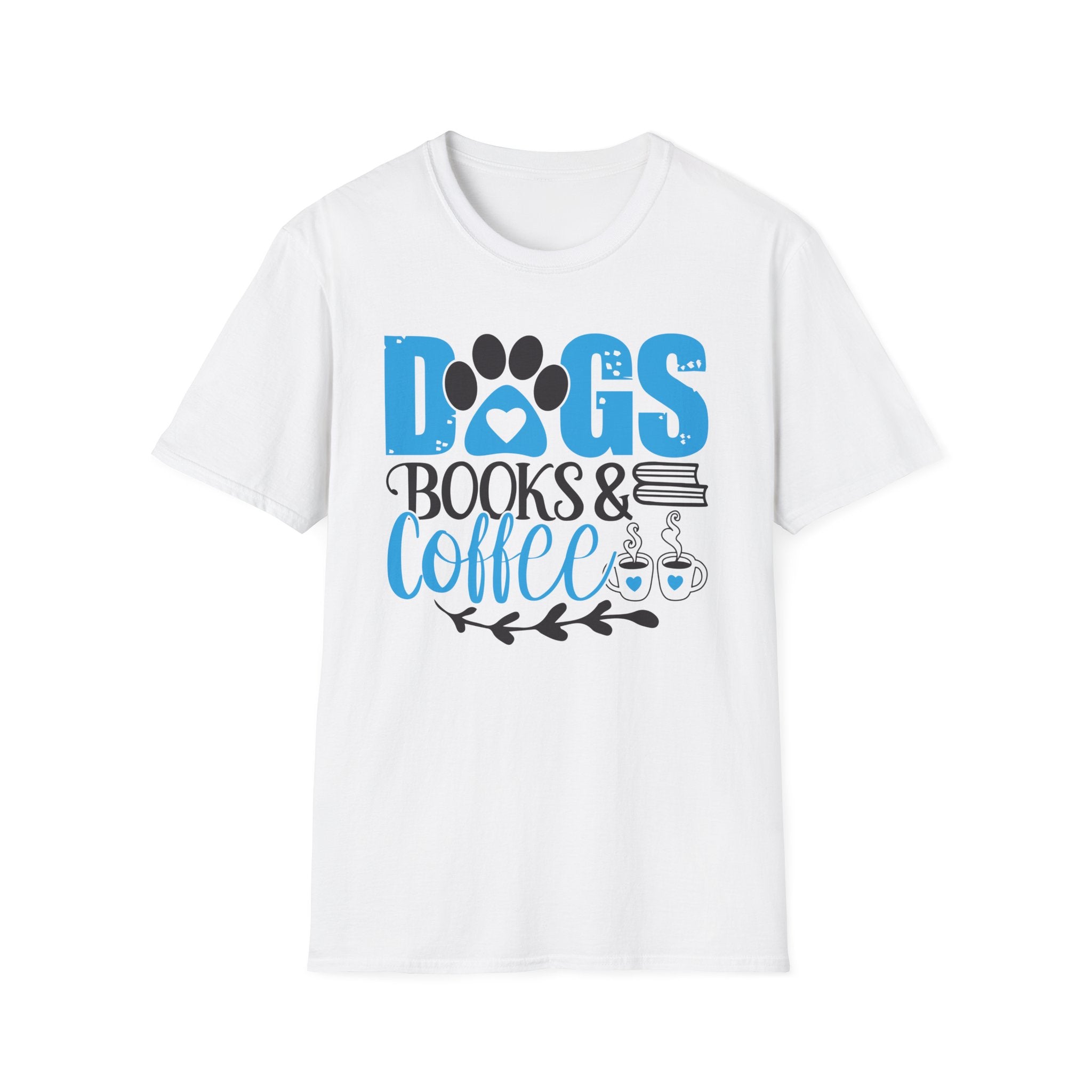 Dogs Books & Coffee T-Shirt (Blue) — Cute Paw, Book & Coffee Graphic Tee for Dog Lovers