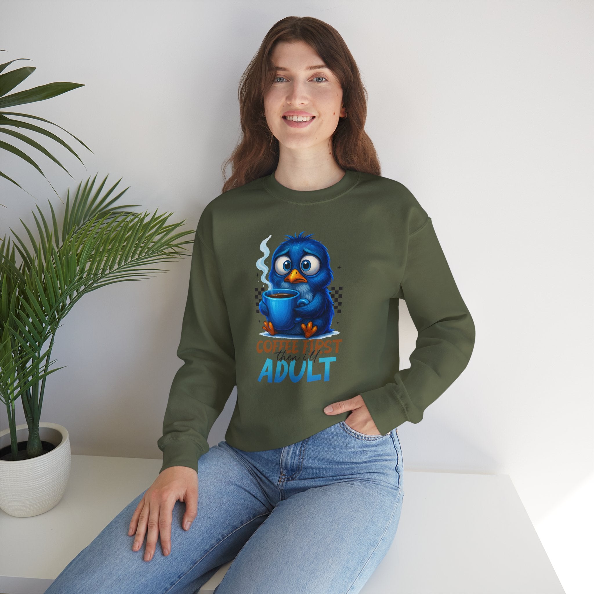 Coffee First Adult Sweatshirt — Cute Blue Bird Coffee Crewneck