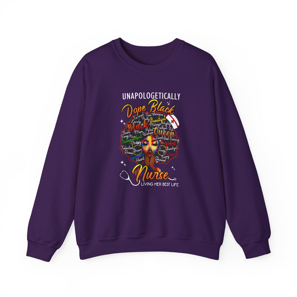 Dope Black Nurse Crewneck Sweatshirt – "Nurse Living Her Best Life" Graphic Black Afro