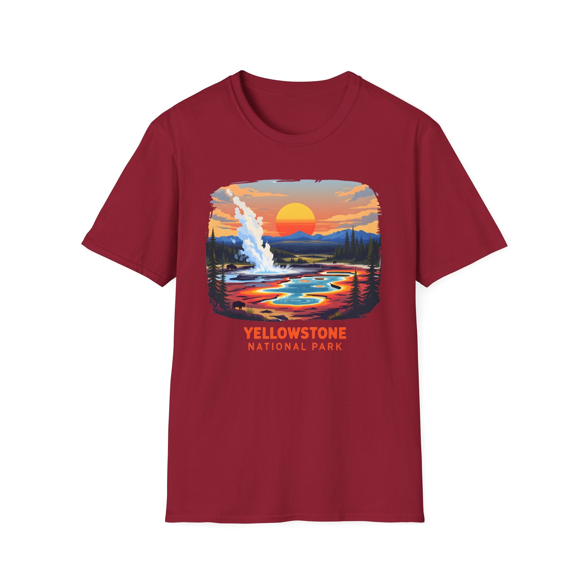 Yellowstone National Park Scenic T-Shirt — Geyser Sunset Graphic Tee