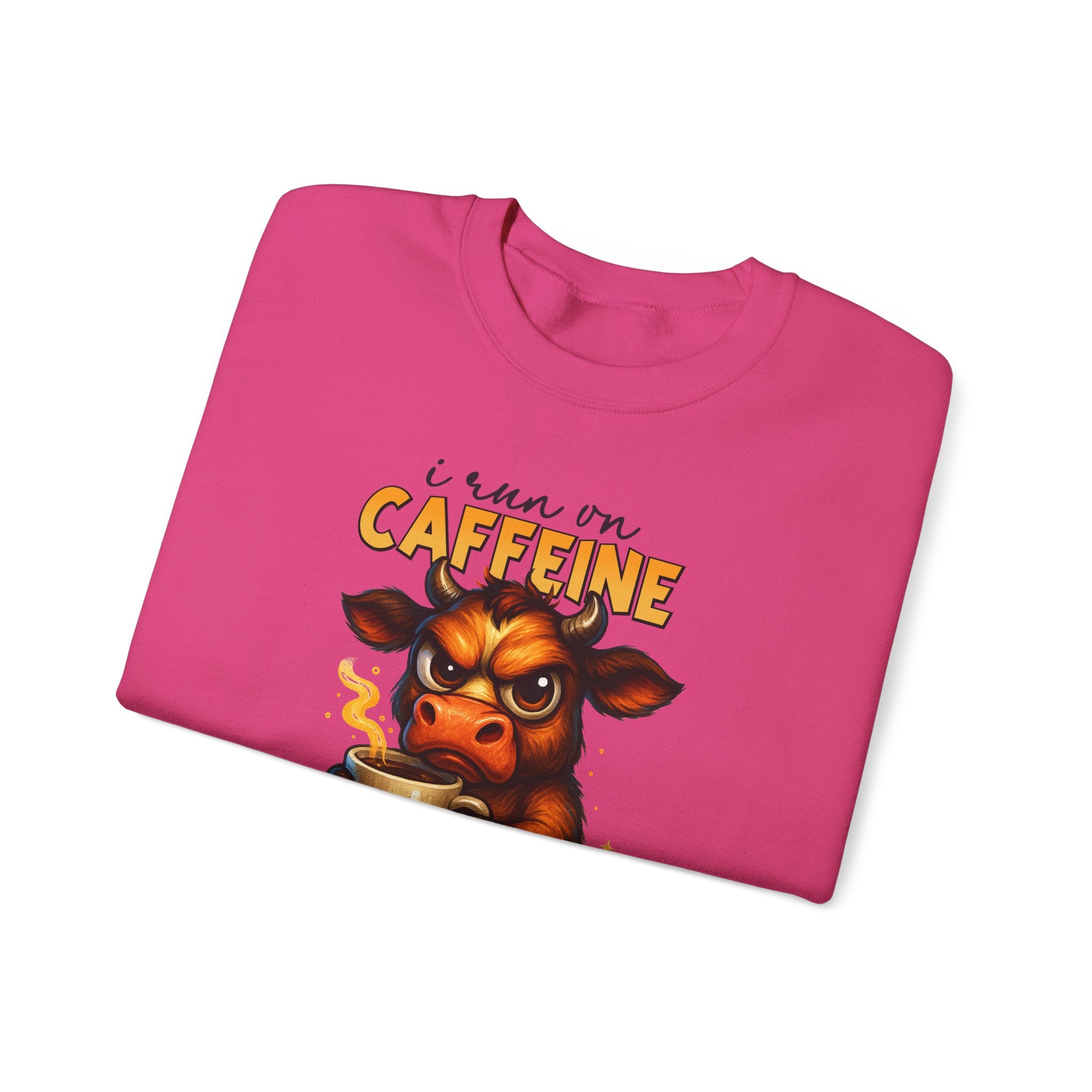 Caffeine-Fueled Cow Sweatshirt — "I Run on Caffeine and Questionable Decisions" Cozy Crewneck
