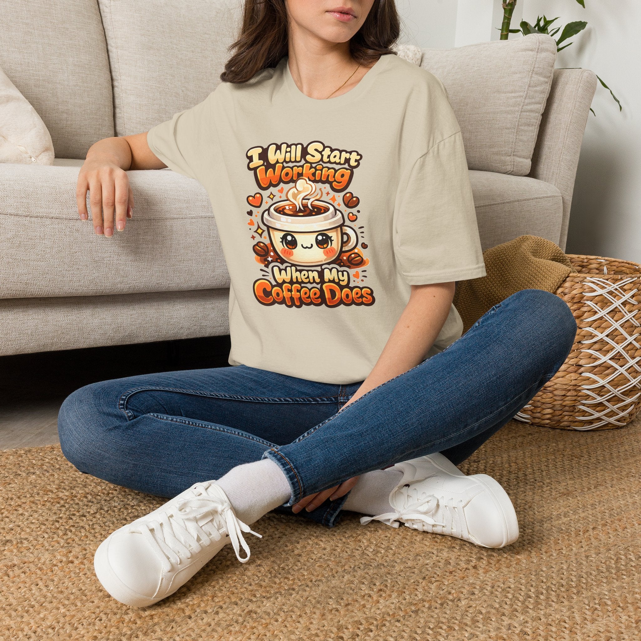 “I Will Start Working When My Coffee Does” Cute Kawaii Coffee Shirt — Coffee T‑Shirt