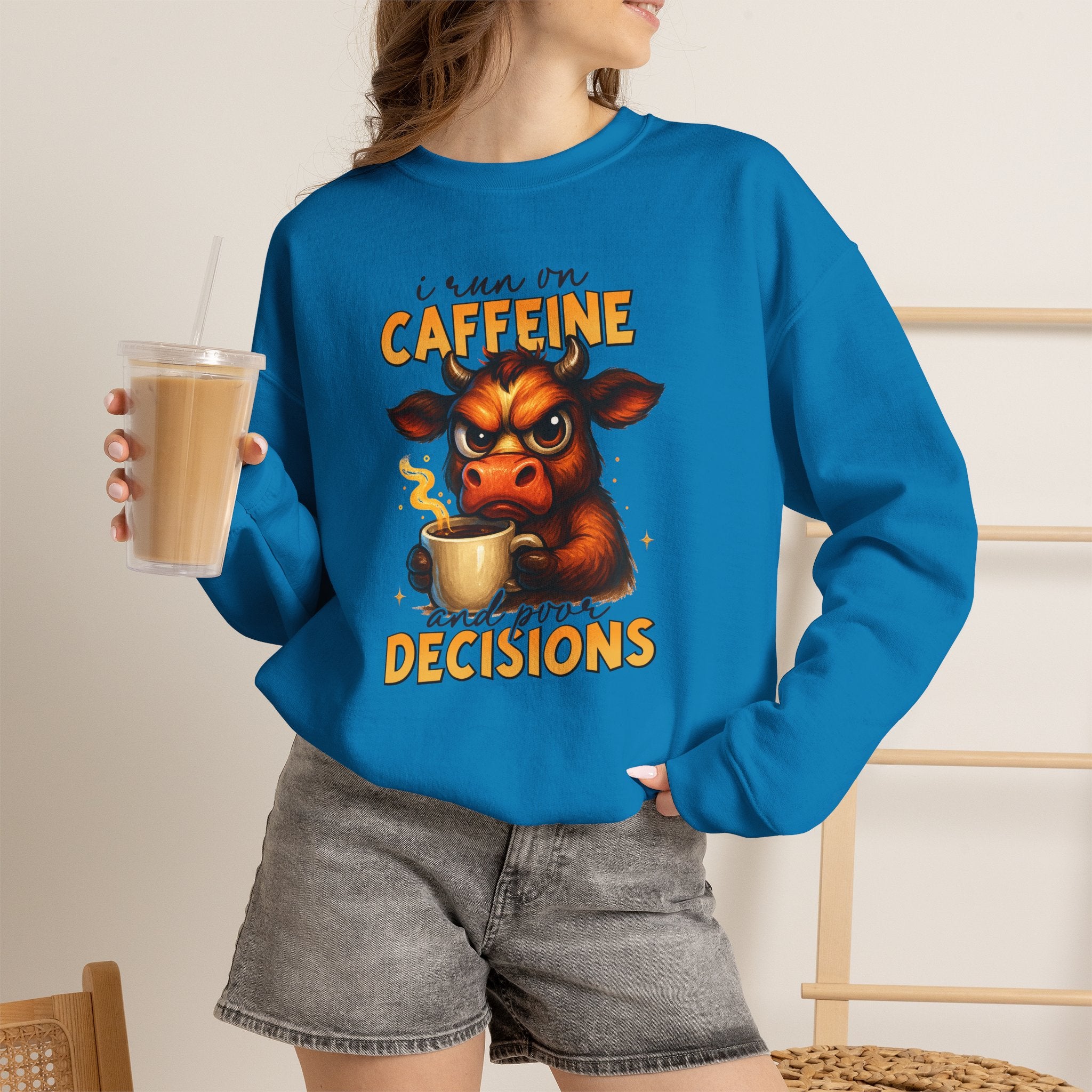 Caffeine-Fueled Cow Sweatshirt — "I Run on Caffeine and Questionable Decisions" Cozy Crewneck