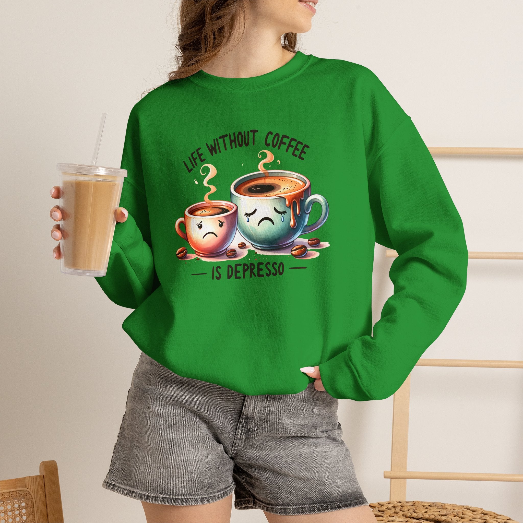 "Life Without Coffee Is Depresso" Cute Cafe Graphic — Coffee Crewneck Sweatshirt