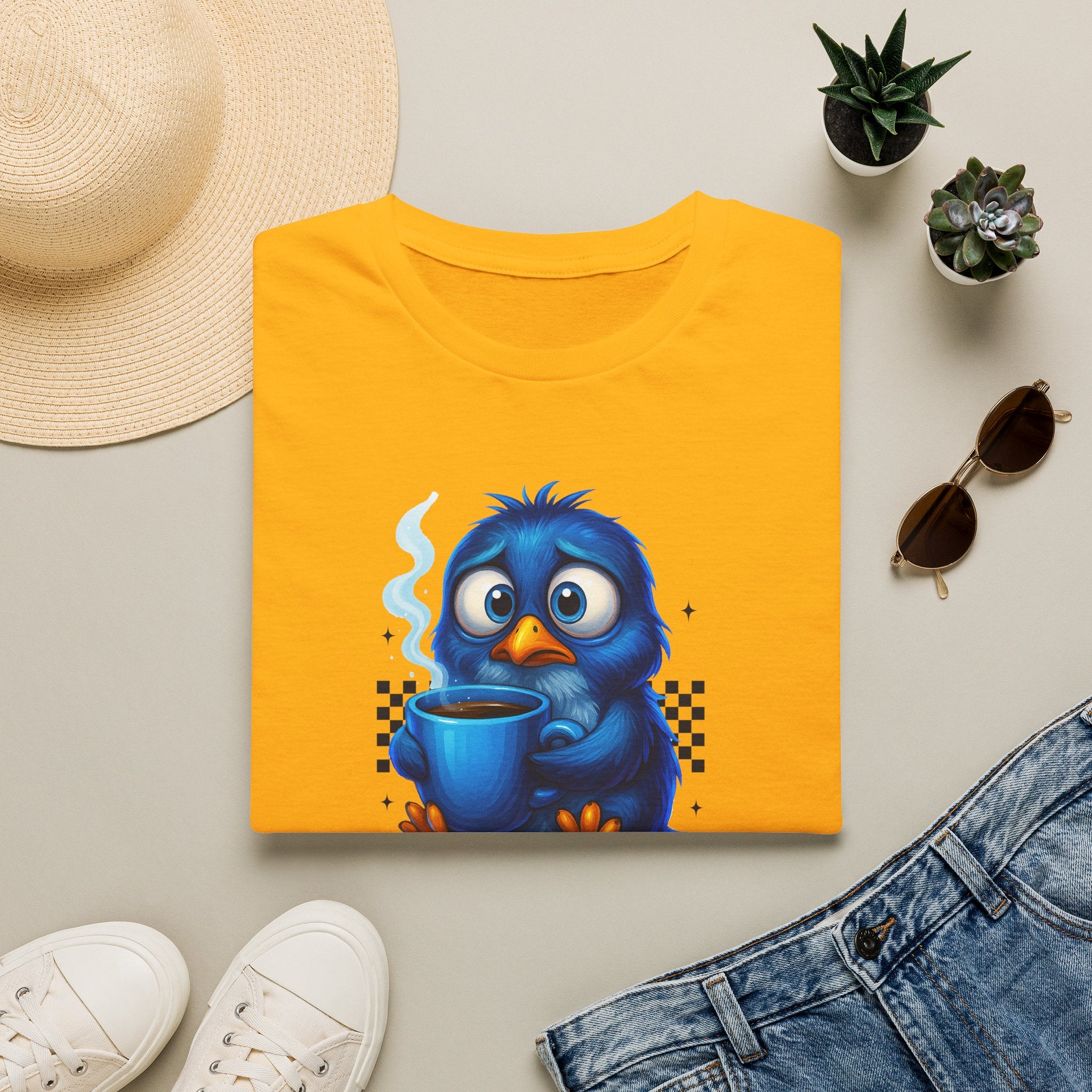Cute Blue Bird 'Coffee First Adult' Graphic Tee — T-Shirt