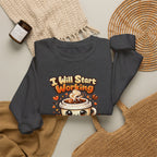 "I Will Start Working When My Coffee Does" Cute Kawaii Crewneck — Coffee Sweatshirt