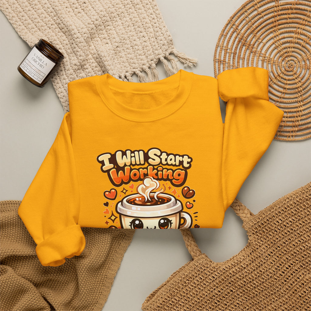 "I Will Start Working When My Coffee Does" Cute Kawaii Crewneck — Coffee Sweatshirt