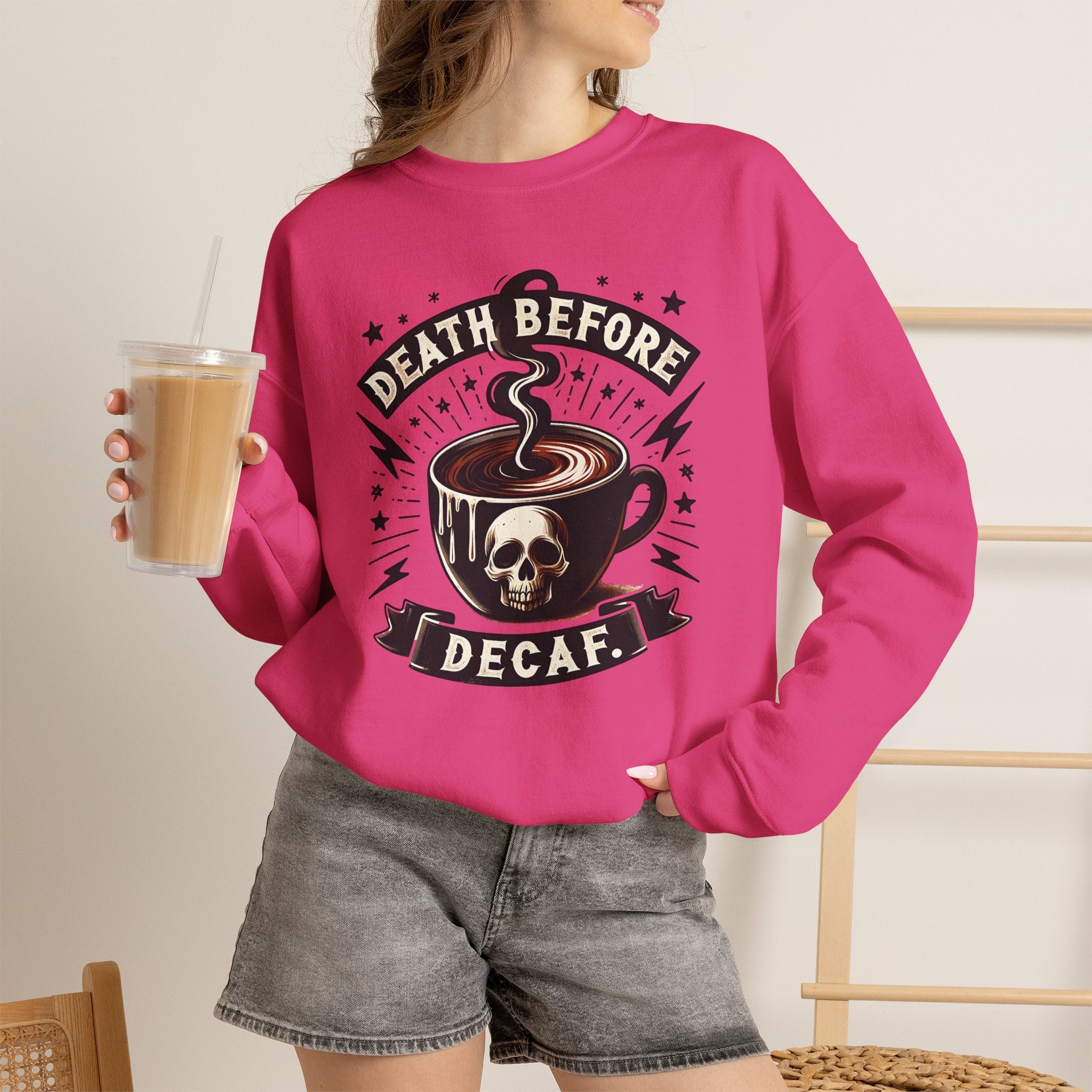 Crewneck Sweatshirt — "Death Before Decaf" Coffee Skull Graphic