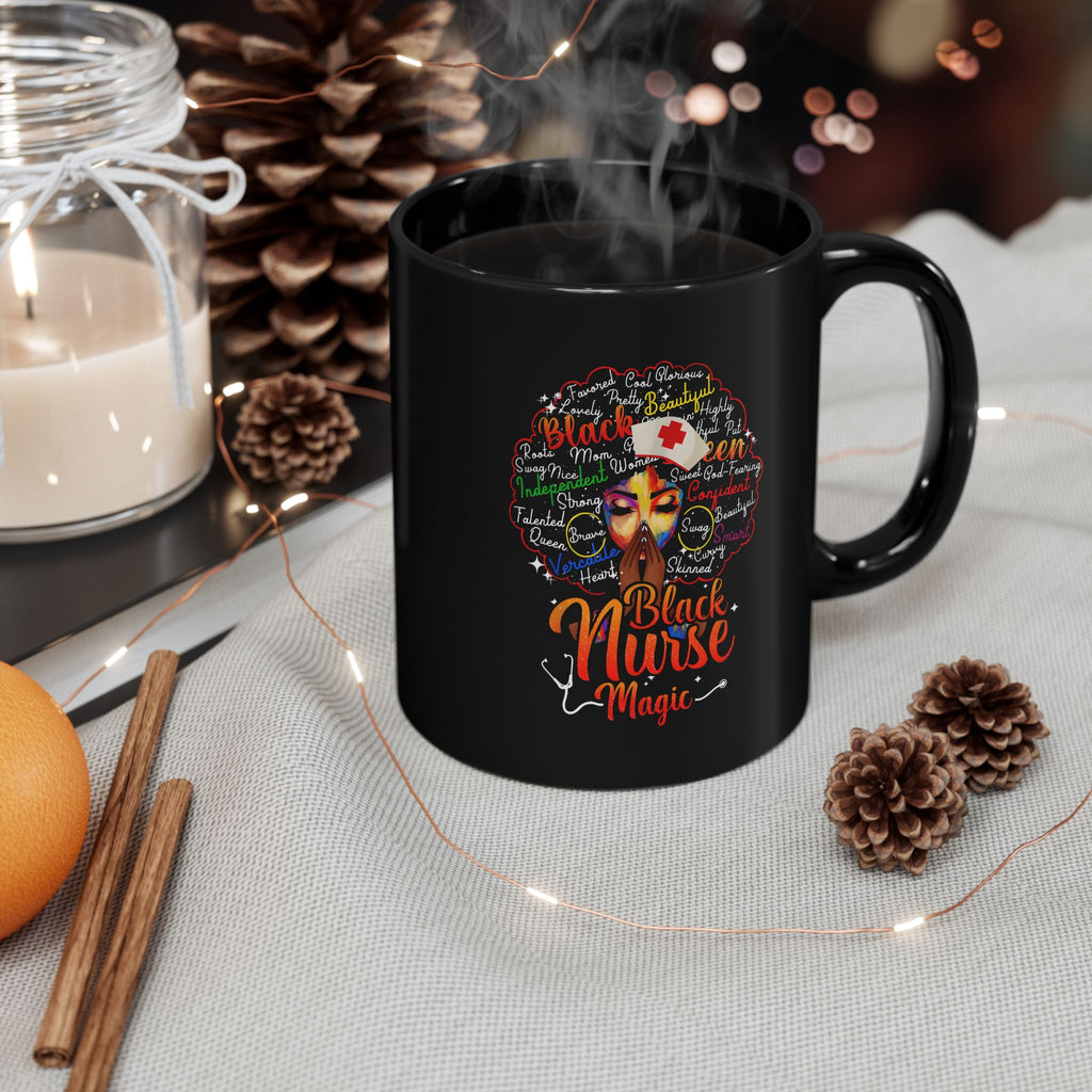 Black Nurse Magic Mug w/Black Afro — 11oz/15oz Black Ceramic Coffee Cup