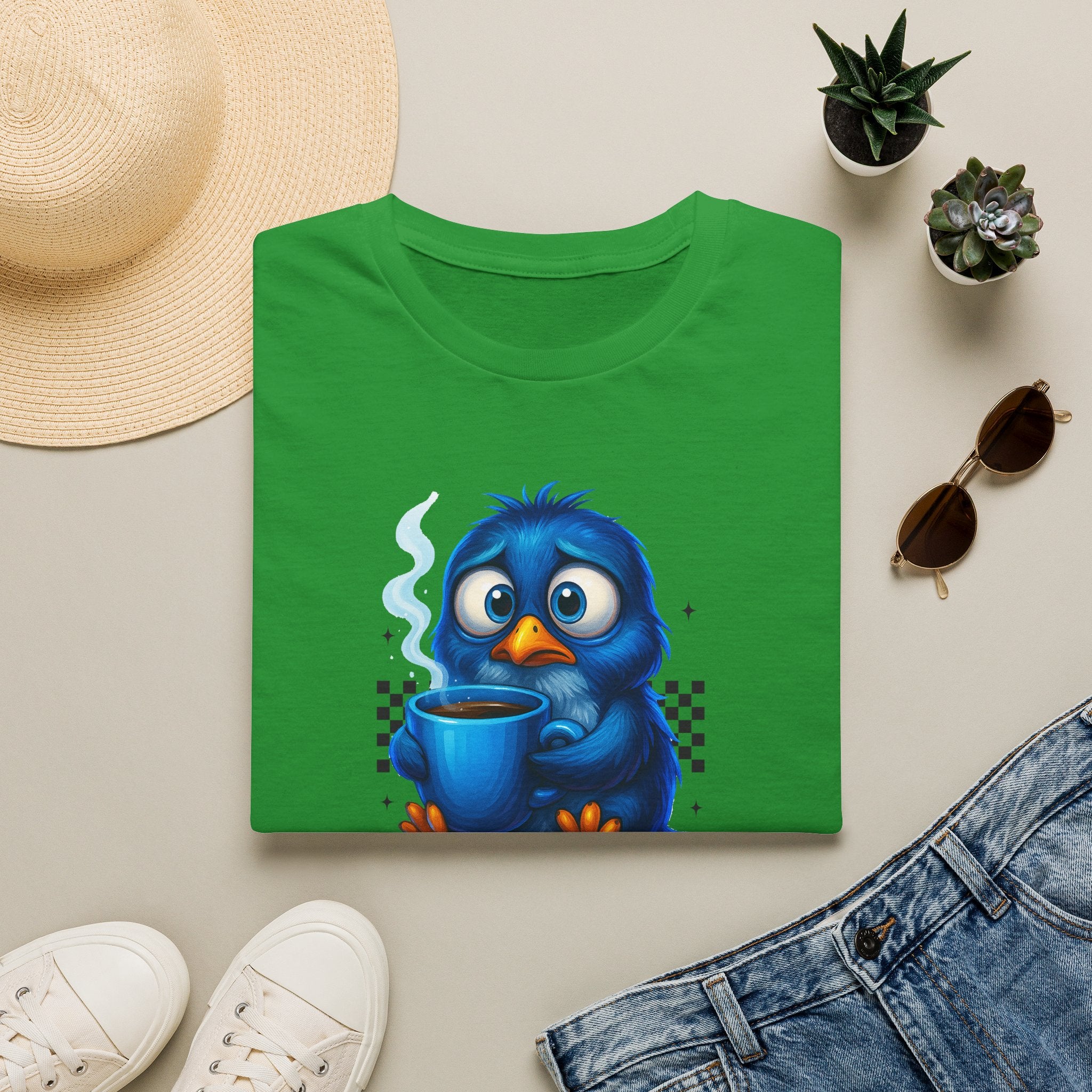 Cute Blue Bird 'Coffee First Adult' Graphic Tee — T-Shirt