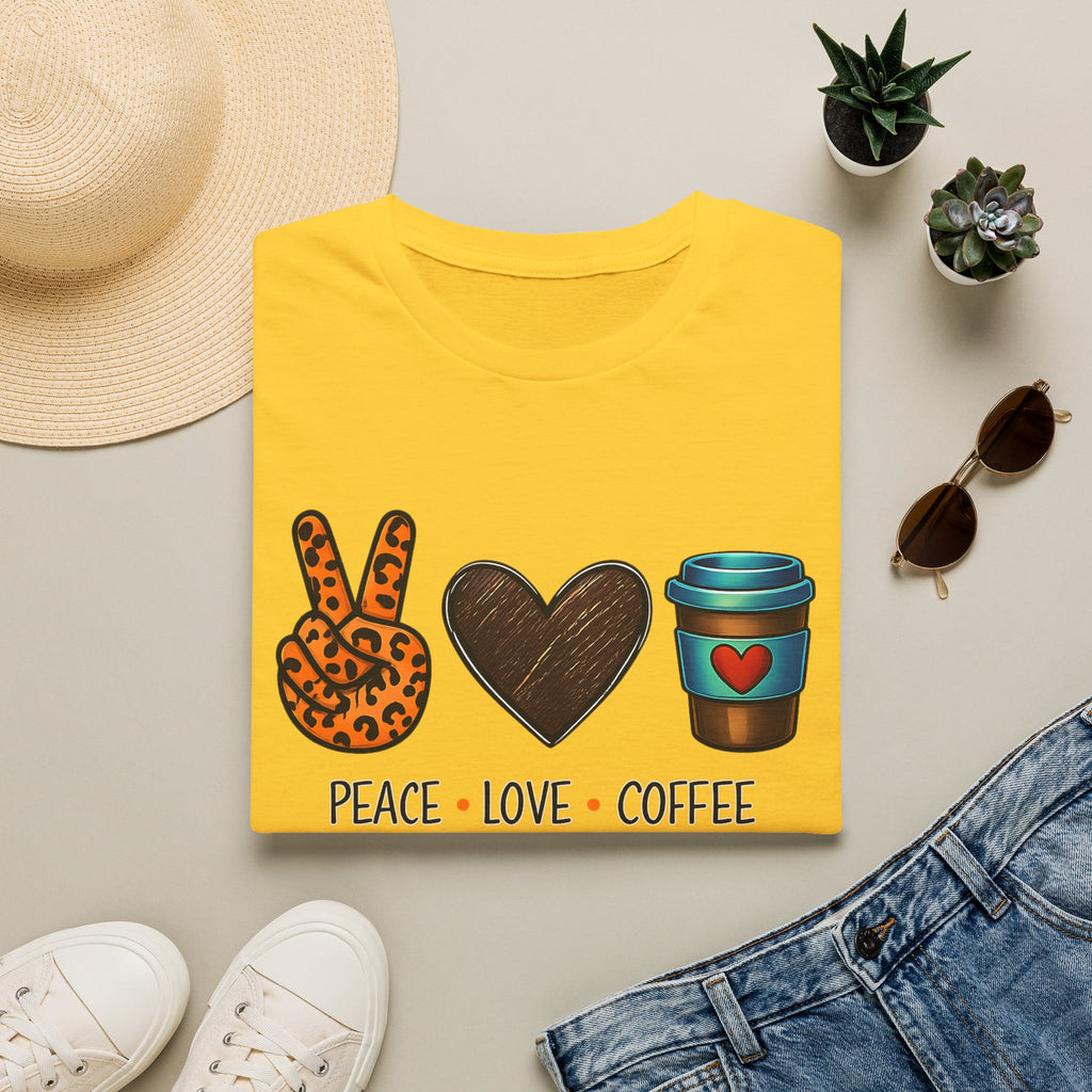 Peace Love Coffee T-Shirt — Retro Leopard Peace Sign & Heart Coffee Cup Tee