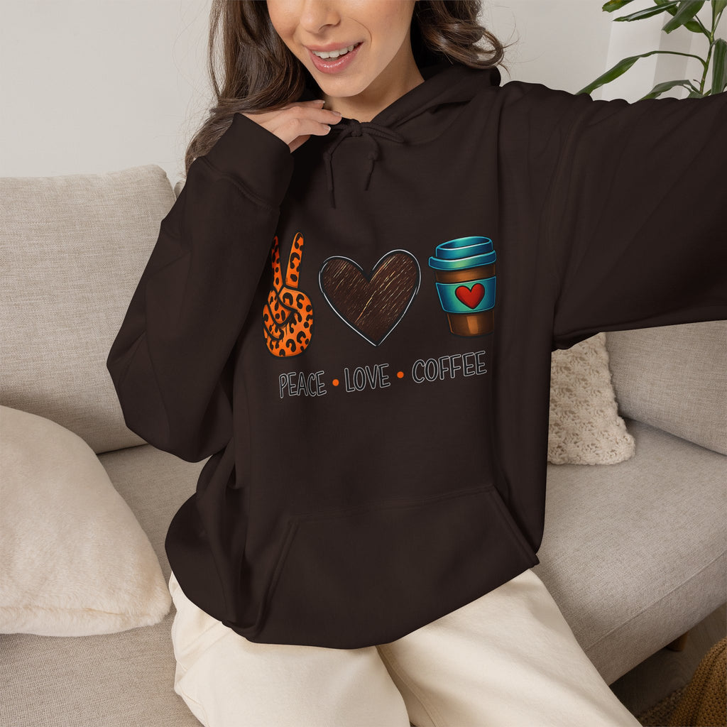 Peace • Love • Coffee Hoodie — Leopard Peace Sign & Coffee Cup Graphic Sweatshirt