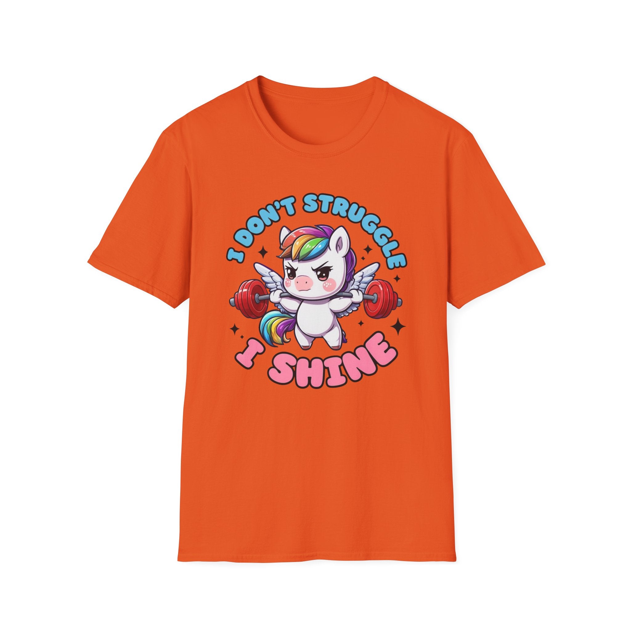 I Don’t Struggle I Shine Unicorn T-Shirt — Cute Rainbow Weightlifting Motivational Tee