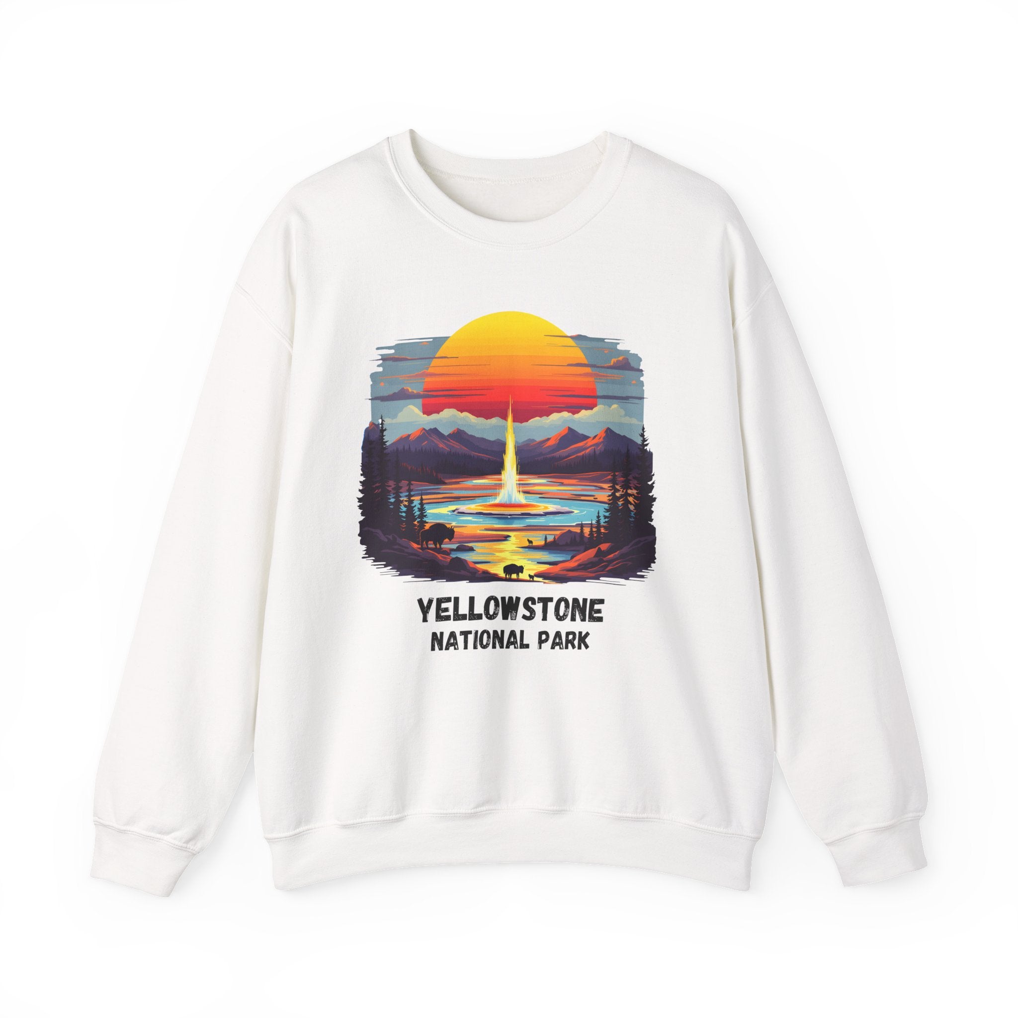 Yellowstone National Park Sweatshirt — Retro Sunset Geyser Crewneck