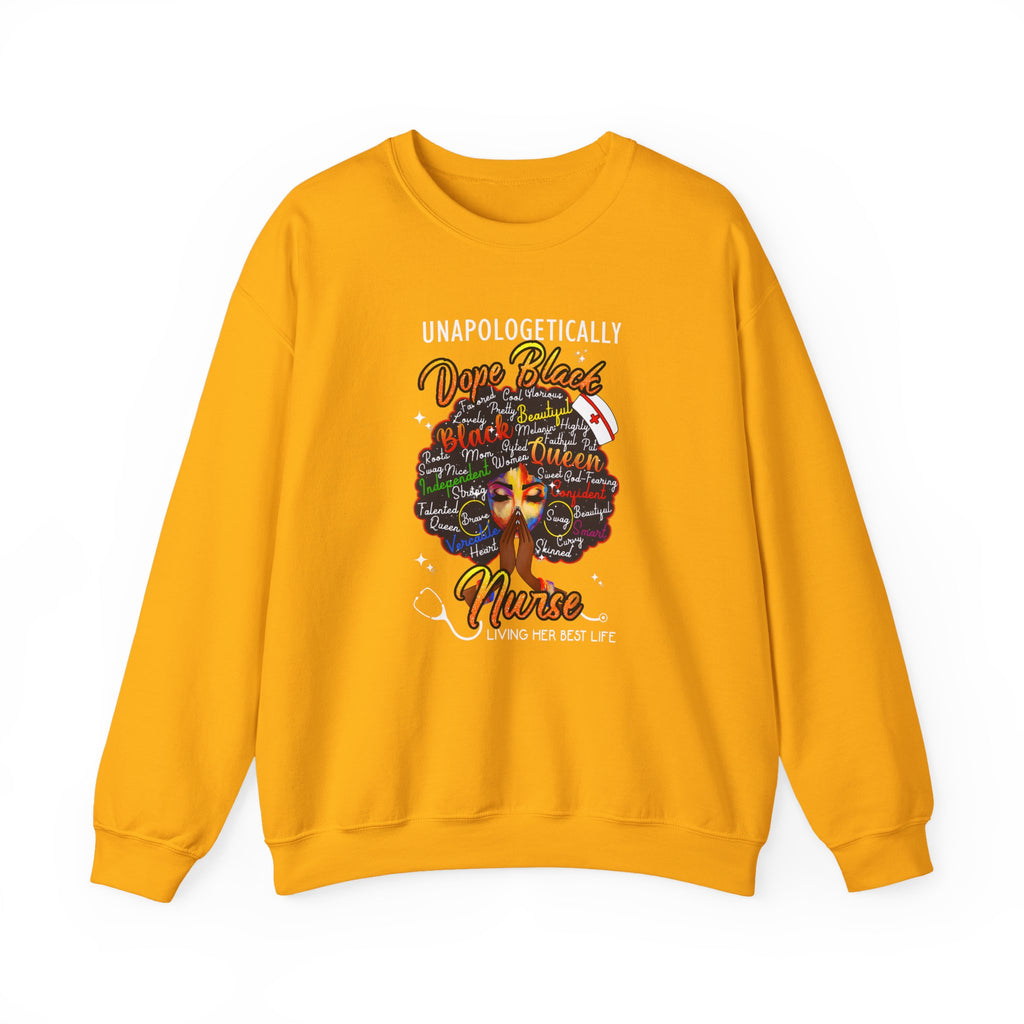 Dope Black Nurse Crewneck Sweatshirt – "Nurse Living Her Best Life" Graphic Black Afro