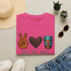 Peace Love Coffee T-Shirt — Retro Leopard Peace Sign & Heart Coffee Cup Tee